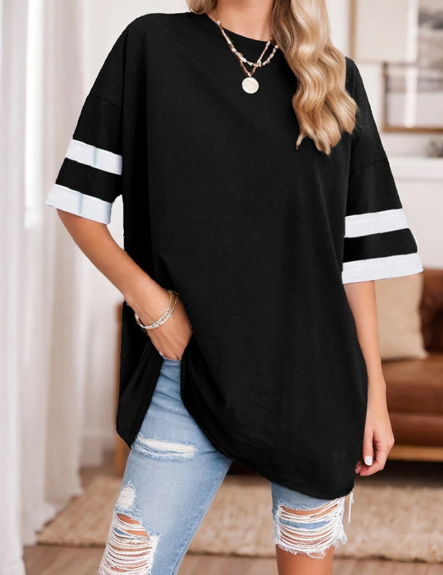Women's Oversized T-Shirt Loose T-Shirt Half Sleeve Crew Neck Color Block Cotton Tunic Top