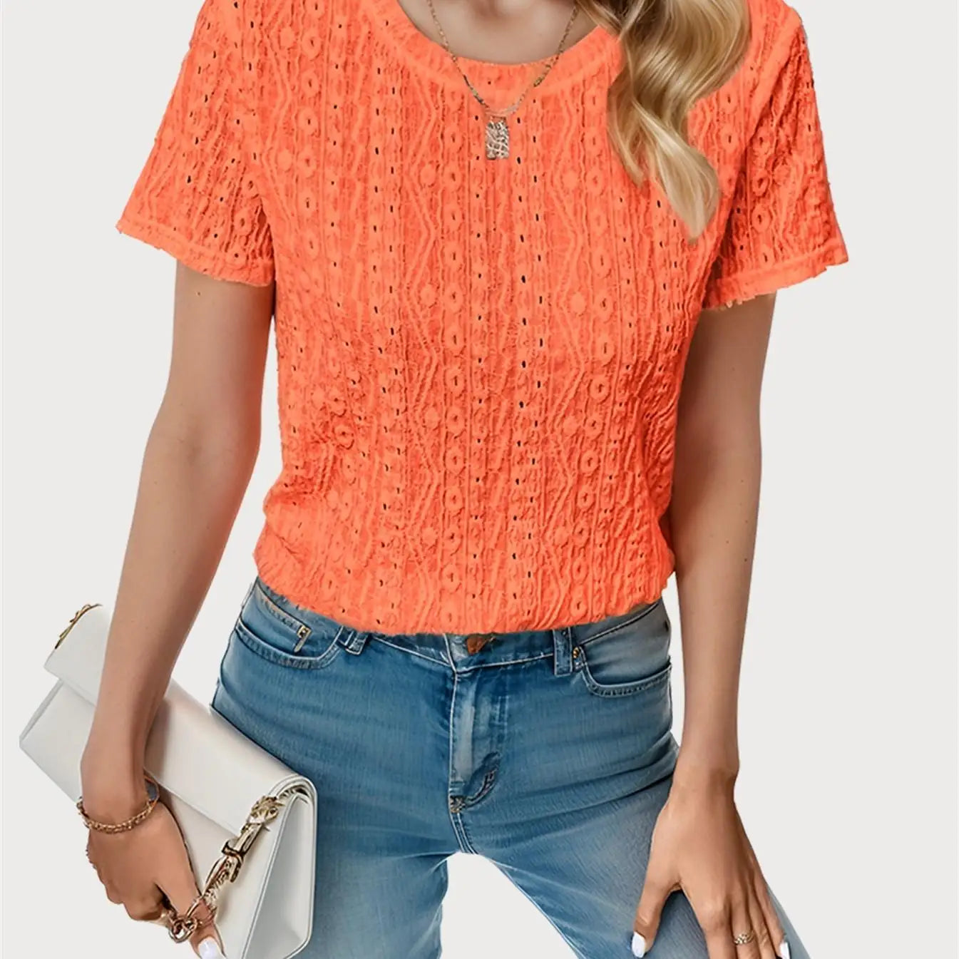 Women's Eyelet Embroidered Short Sleeve Top Crew Neck Casual Summer T-Shirt