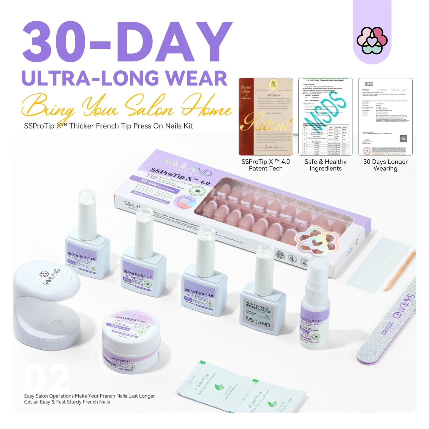 SAVILAND French Gel X Nail Kit 90pcs Extra Short Square Press On Nails with Nail Glue Gel UV LED Nail Lamp Nail Supplies