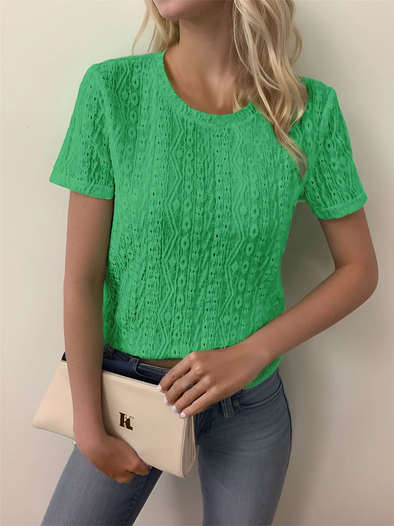 Women's Eyelet Embroidered Short Sleeve Top Crew Neck Casual Summer T-Shirt