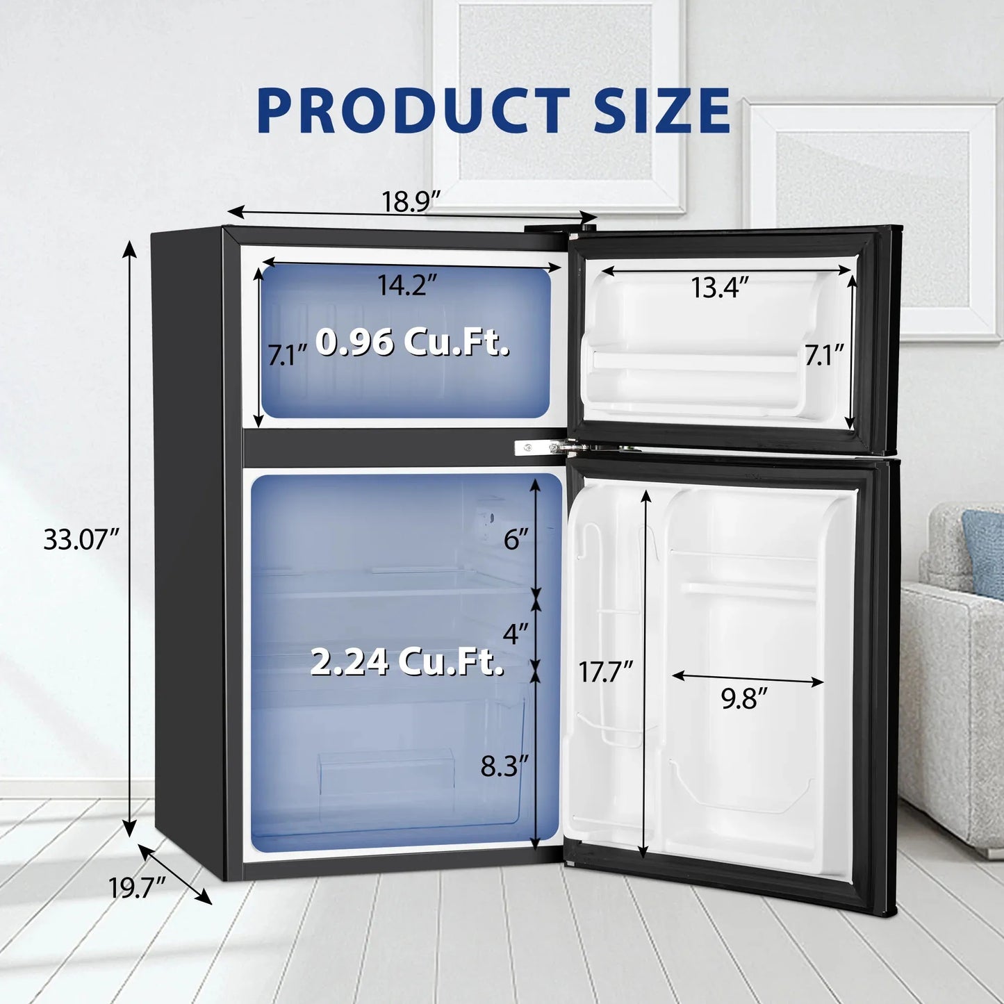 SIMZLIFE Mini Fridge with Freezer, 3.15 Cu ft Two Door Compact Small Fridge Adjustable Removable Shelves,For Bedroom/Dorm/Office