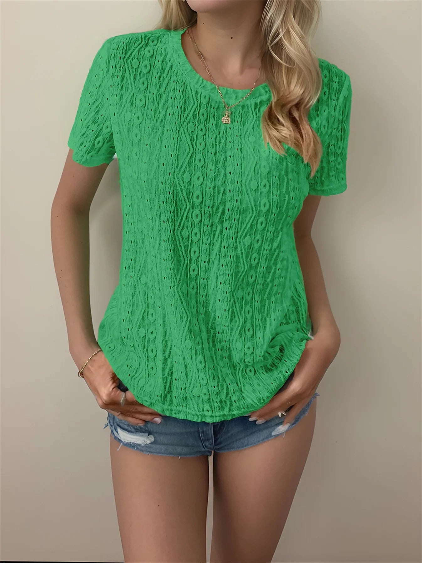 Women's Eyelet Embroidered Short Sleeve Top Crew Neck Casual Summer T-Shirt