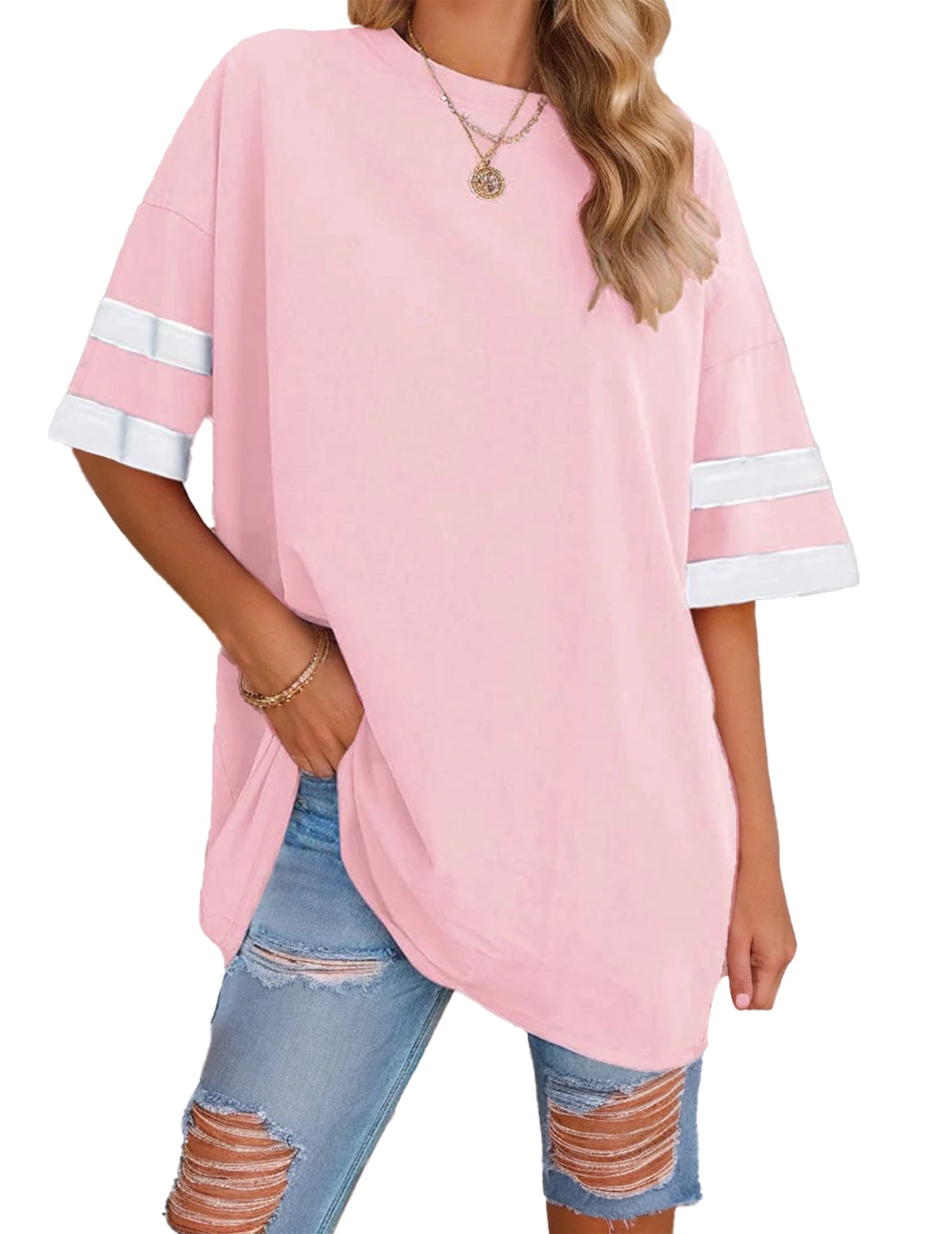 Women's Oversized T-Shirt Loose T-Shirt Half Sleeve Crew Neck Color Block Cotton Tunic Top