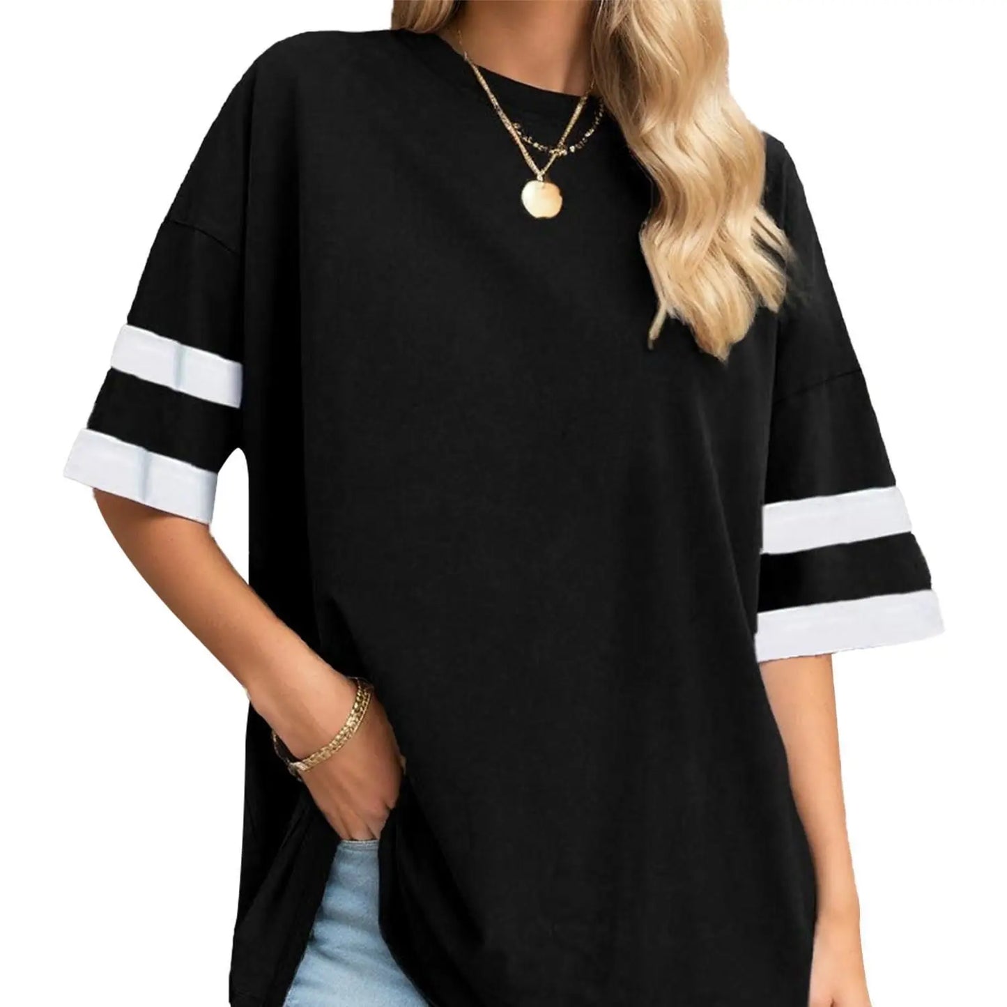 Women's Oversized T-Shirt Loose T-Shirt Half Sleeve Crew Neck Color Block Cotton Tunic Top