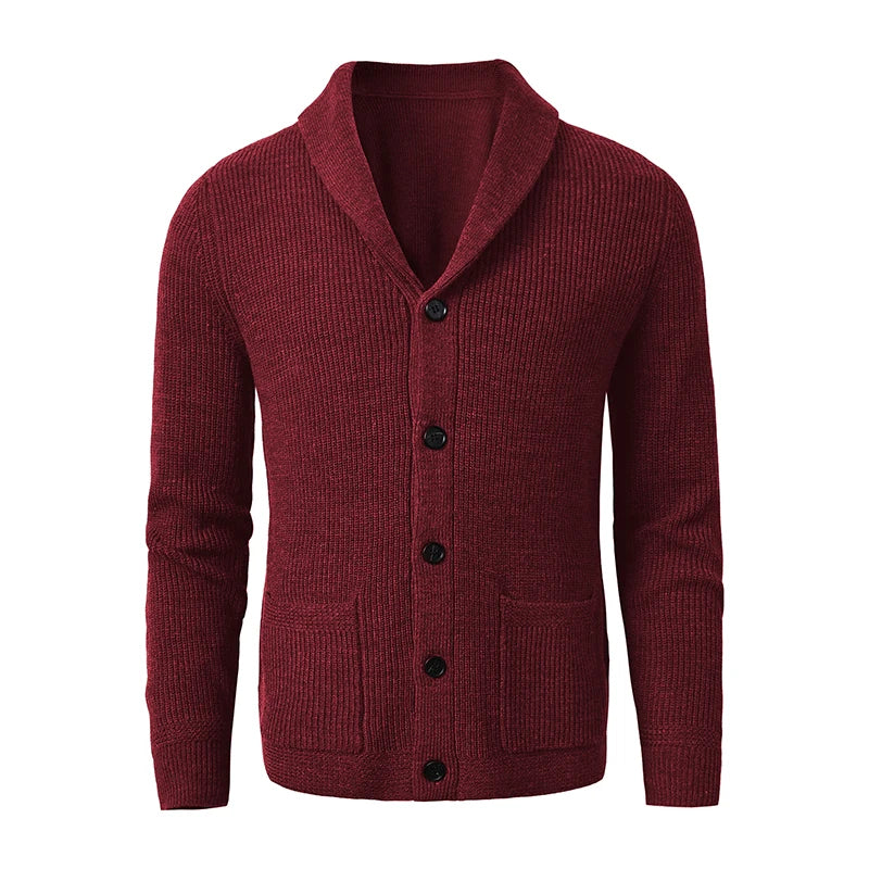 Men's Shawl Collar Cardigan Sweater Slim Fit Cable Knit Button up Black Merino Wool Sweater