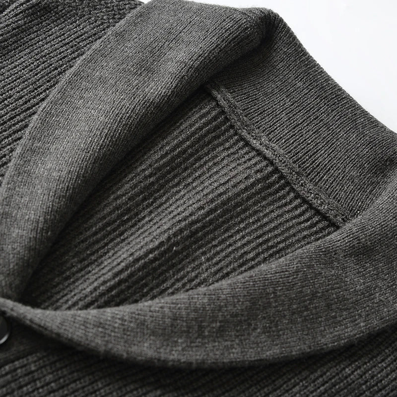 Men's Shawl Collar Cardigan Sweater Slim Fit Cable Knit Button up Black Merino Wool Sweater