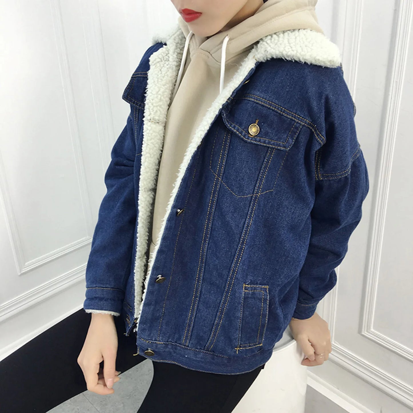 Vintage Women Lambswool Denim Jacket Women Autumn Winter Thicken Fleece Warm Denim Jacket Punk Long Sleeve Casual Loose Outwear