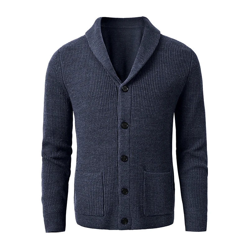 Men's Shawl Collar Cardigan Sweater Slim Fit Cable Knit Button up Black Merino Wool Sweater