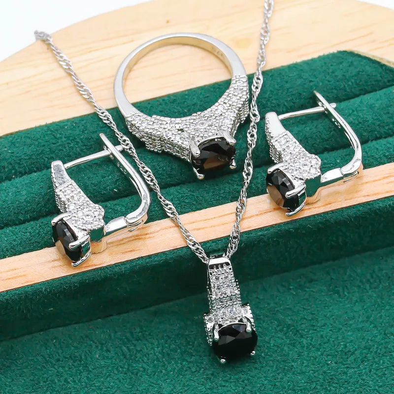 Exquisite 925 Silver Jewelry Sets For Women Black White Crystal Bracelet Earrings Necklace Pendant Ring Wedding Christmas Gift