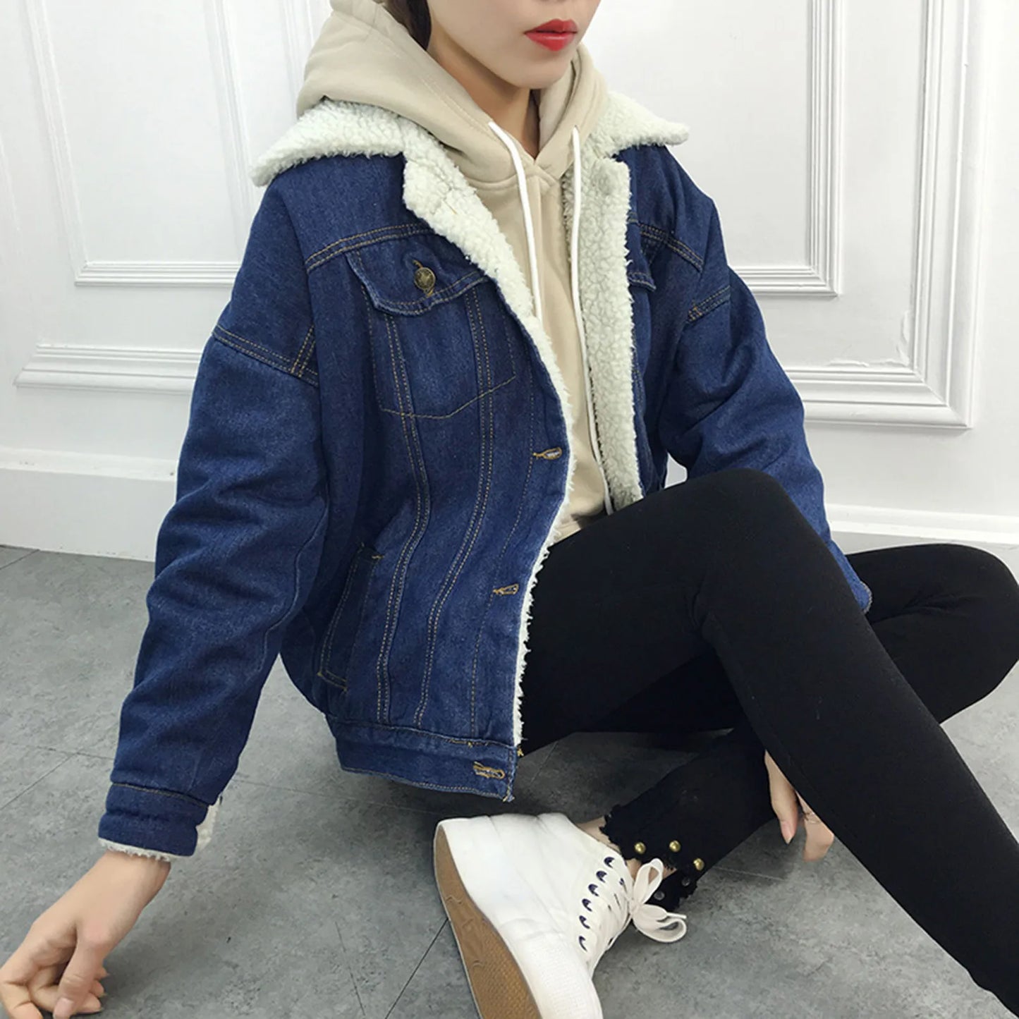 Vintage Women Lambswool Denim Jacket Women Autumn Winter Thicken Fleece Warm Denim Jacket Punk Long Sleeve Casual Loose Outwear