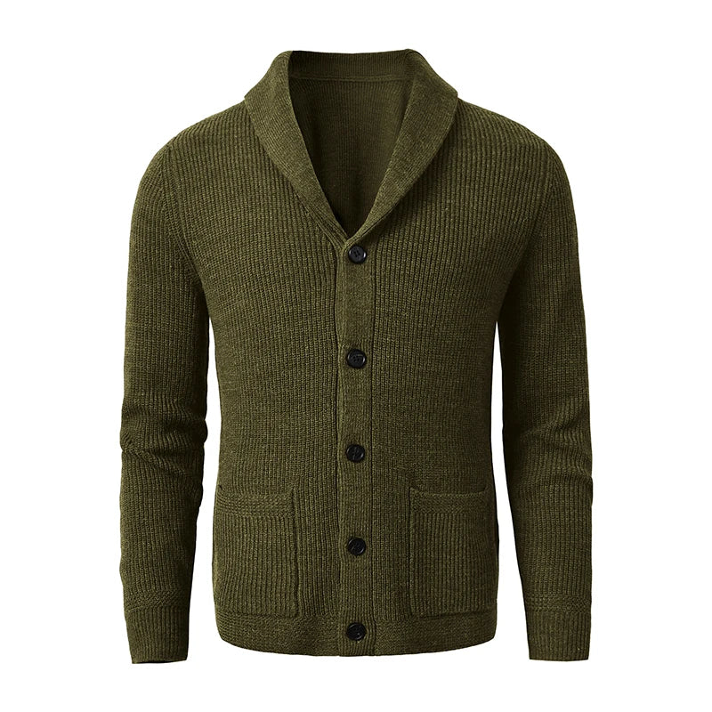 Men's Shawl Collar Cardigan Sweater Slim Fit Cable Knit Button up Black Merino Wool Sweater
