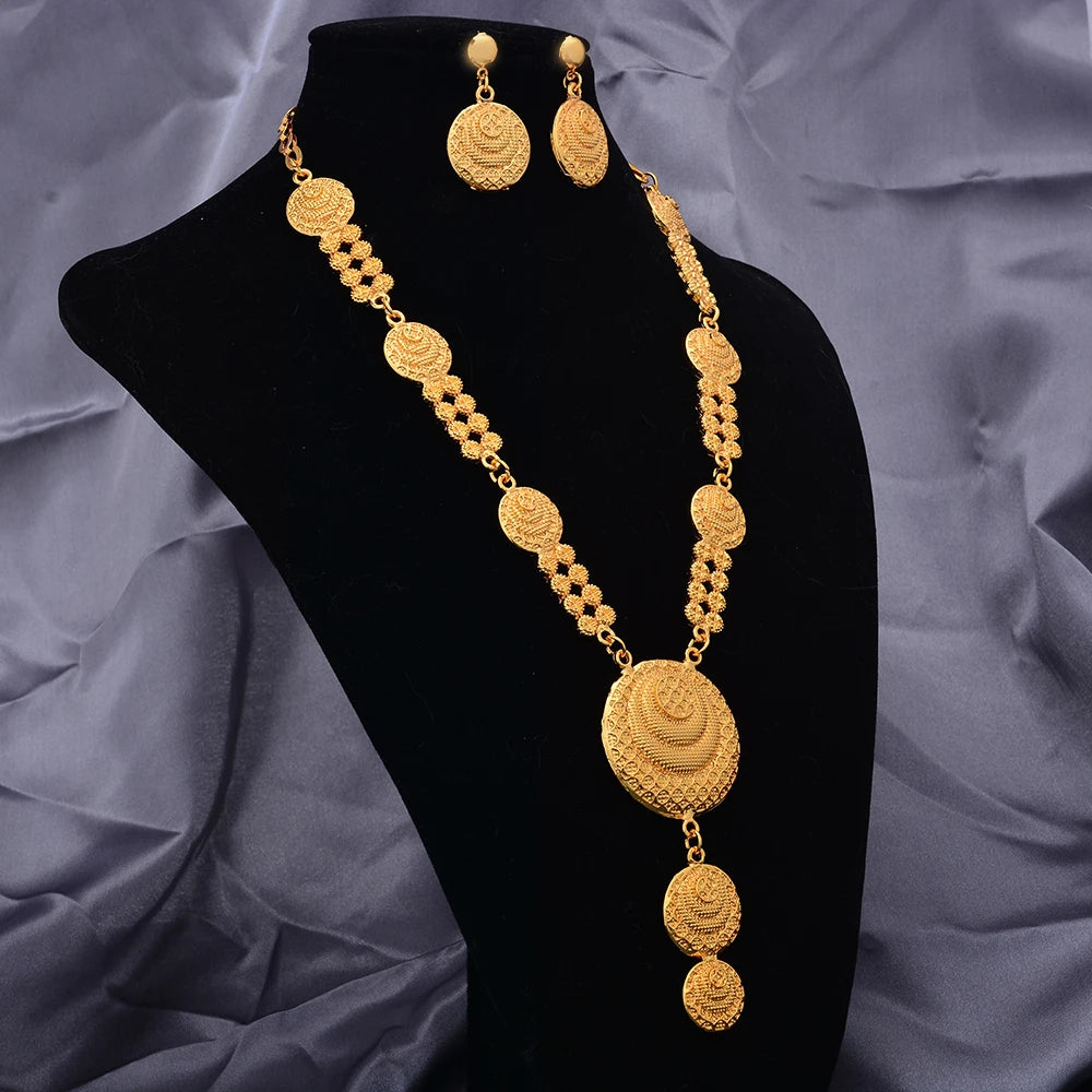 24k Gold Color Jewelry Sets For Women Girl Necklace Earrings India Wedding Ethiopian Jewelry Set