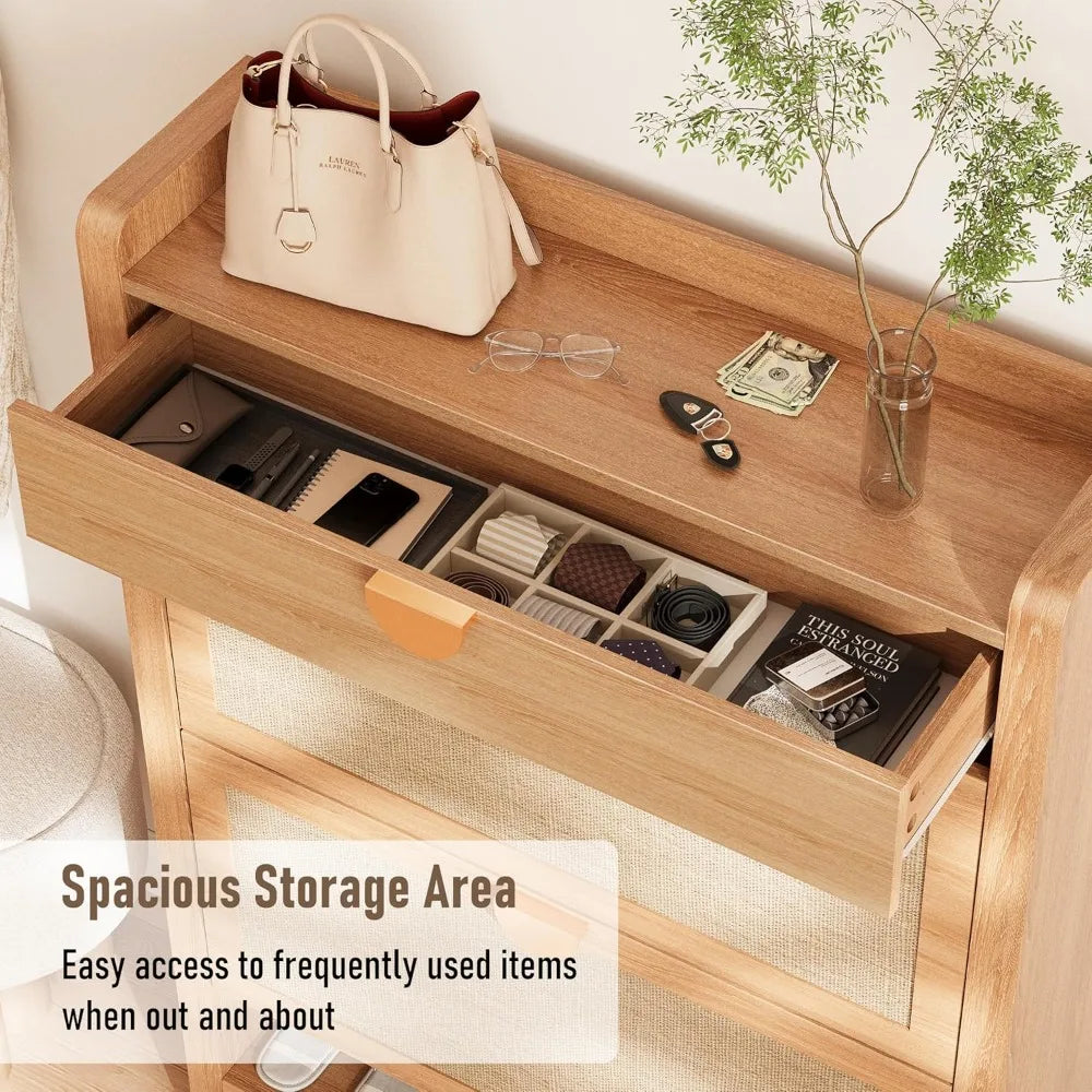 Rattan Storage Cabinet, Shoe Organizer with 2 Flip Drawers, Narrow Shoe Cabinet, Free Standing Hidden Shoe Storage