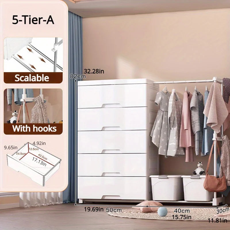 5/6-Tier White Wardrobe with Extendable Hanger - Large Space & Partitioned Storage Wardrobe for Bedroom, Dormitorie