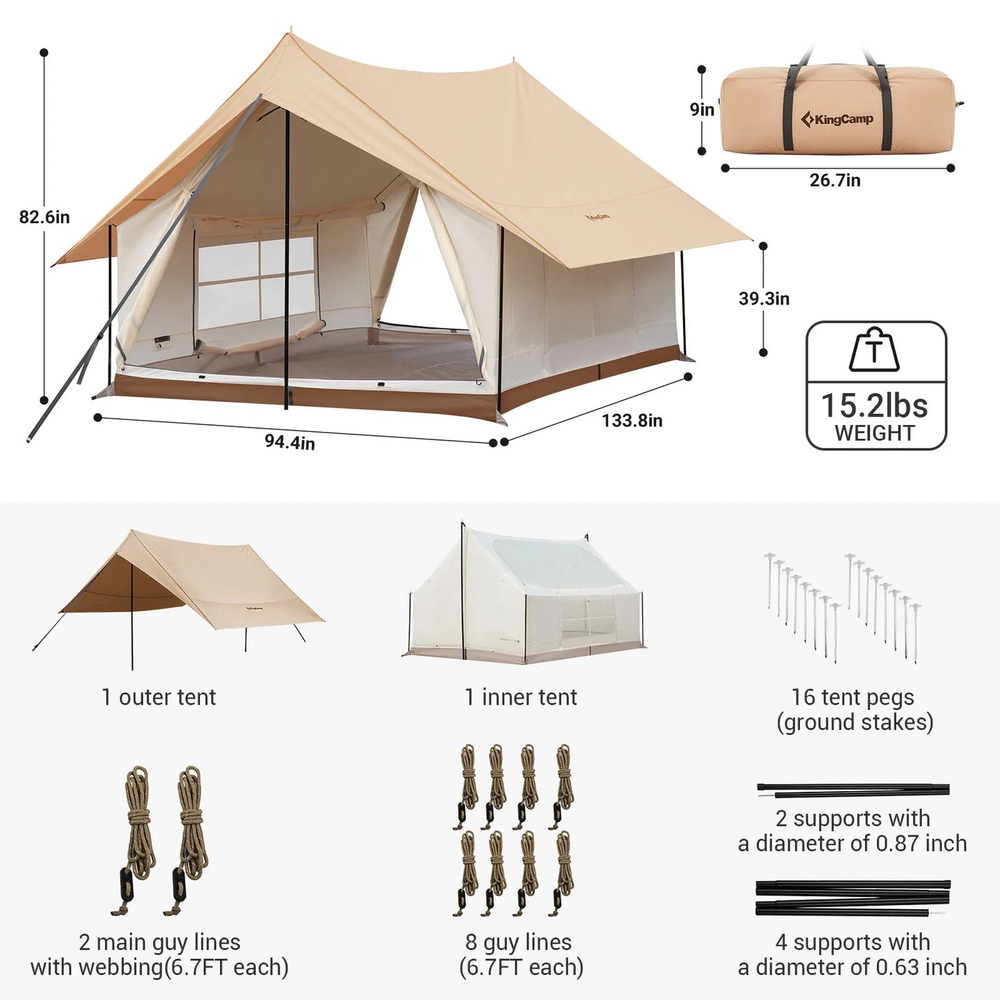 KingCamp Camping Tent, Canopy And Mesh Tent Function 2-in-1 Double Storey House Tent Glamping Tent With Huge Interior Space