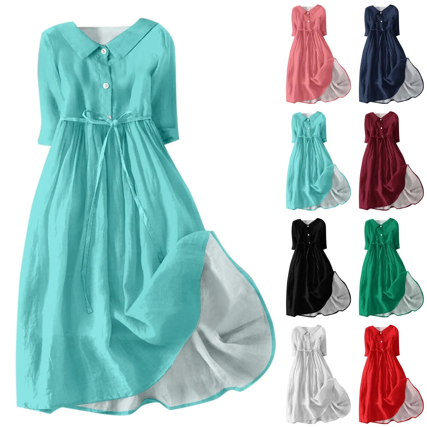 Women Beach Dress Solid Color Summer A-line 3/4 Sleeve Shirt Dress Casual Loose Female Sundress Holiday Baggy Long Robe
