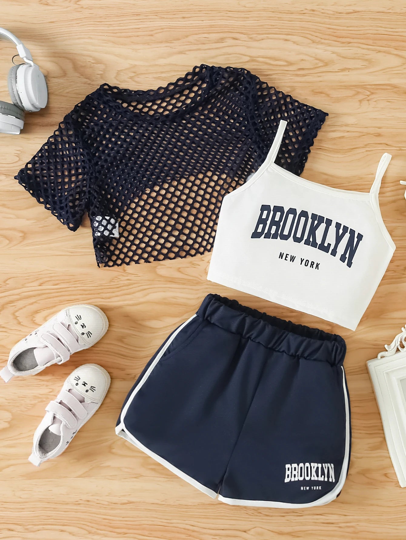 Girls Three-Piece Clothing New Breathable Summer Thin Fashion Short-Sleeved Mesh Top + Letter Printed Short Vest Suspender + Letter Printed Sports Shorts
