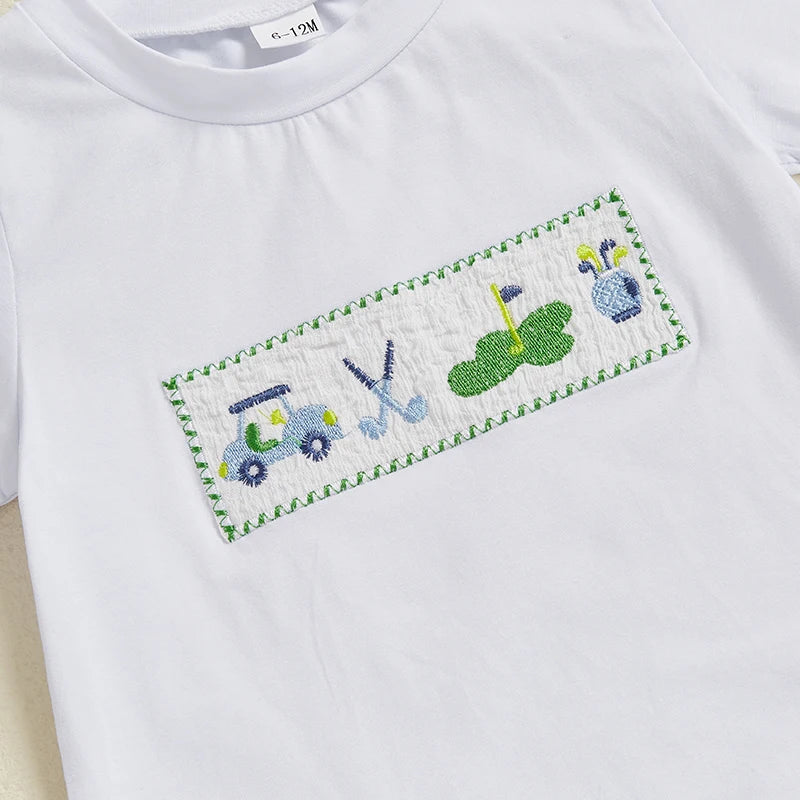Adorable Infant Boy Golf Attire with Embroidered Tee and Elastic Waist Shorts Perfect for Summer Outings - 2 Piece Set in