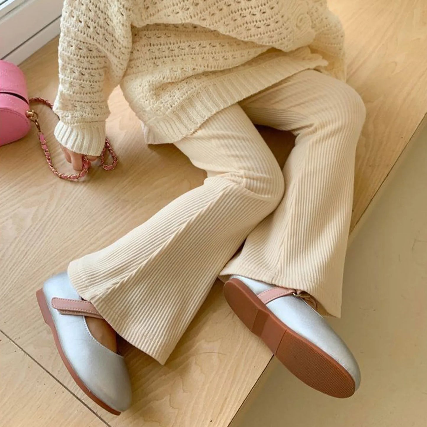 2025 Fashion Kids Girls Cotton Ribbed Flared Pants Spring Autumn Sweet Elasticity Slim Solid Color Trousers Leisure Pants 3-7Y
