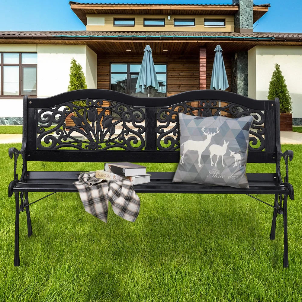 【Breeins】Black Metal Frame Wood Garden Bench