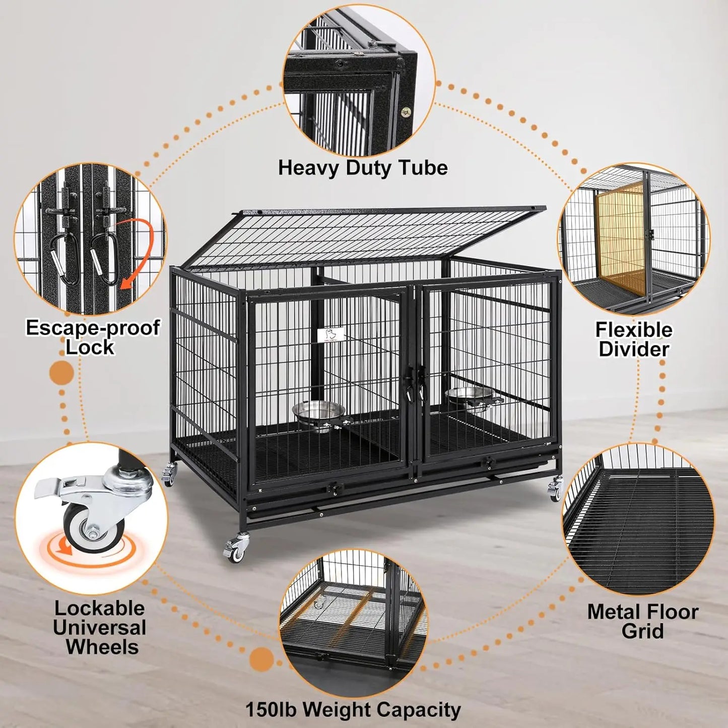 43 Inch Metal Open Top Stackable Heavy Duty Dog Cage Kennel with Three Door, Metal Floor Grid, Tray, Wheels, Divider and Feeding