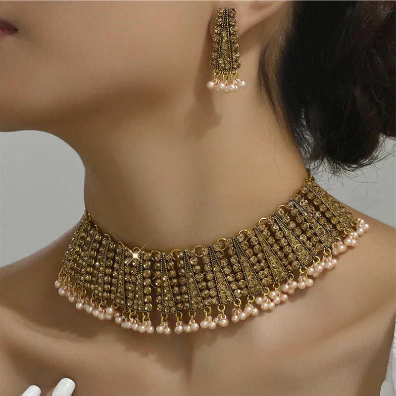 Statement Jewelry Sets Crystal Vintage Elegant Geometric Simulated Pearl Beads Necklace Earring Sets Fashion Women Accessories