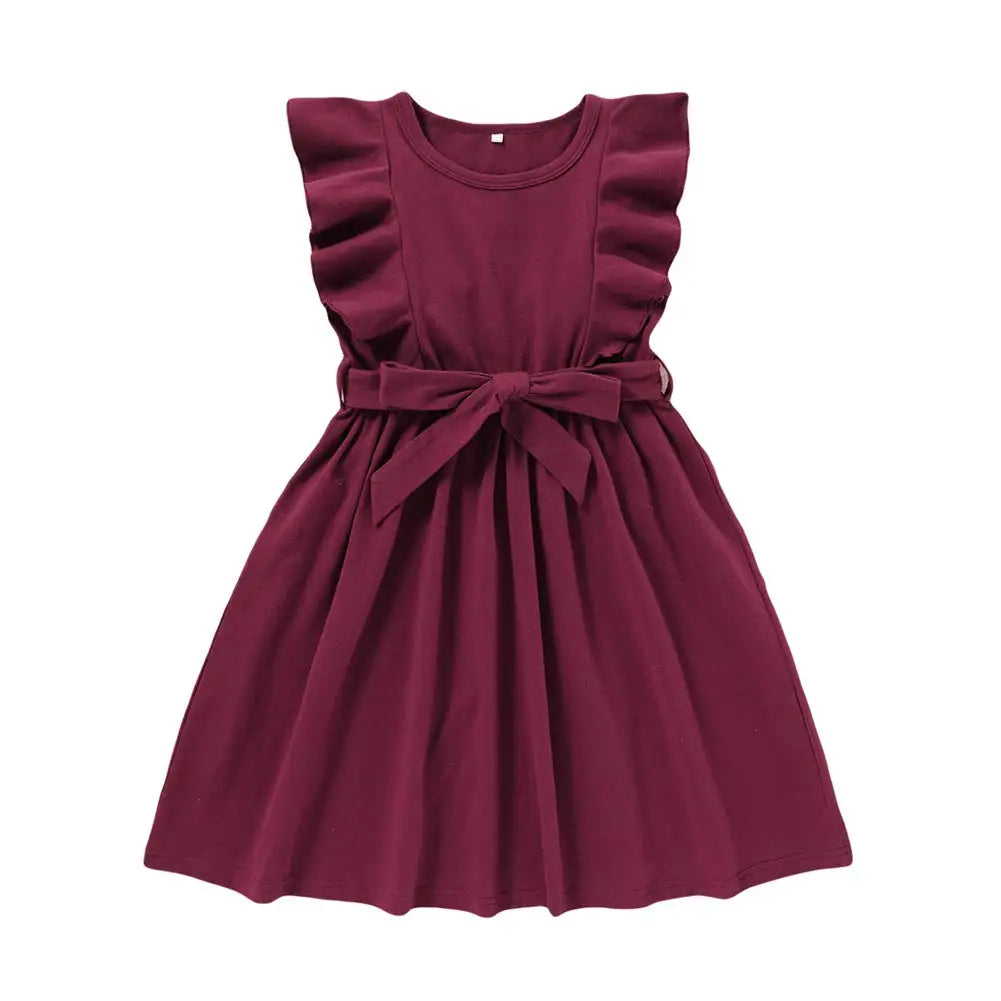 Baby Girls Summer Ruffle Sleeve Cotton Dress Swing Casual Girl Sundress with Belt for 4-8 Years Girls Colorful