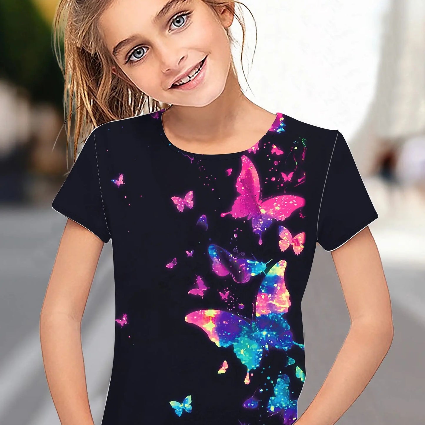 Children's Clothing Girl Clothes Short Sleeve Girl T-Shirt Prety Butterfly Print Kawaii Round Neck Girl Top Kids Summer Clothes