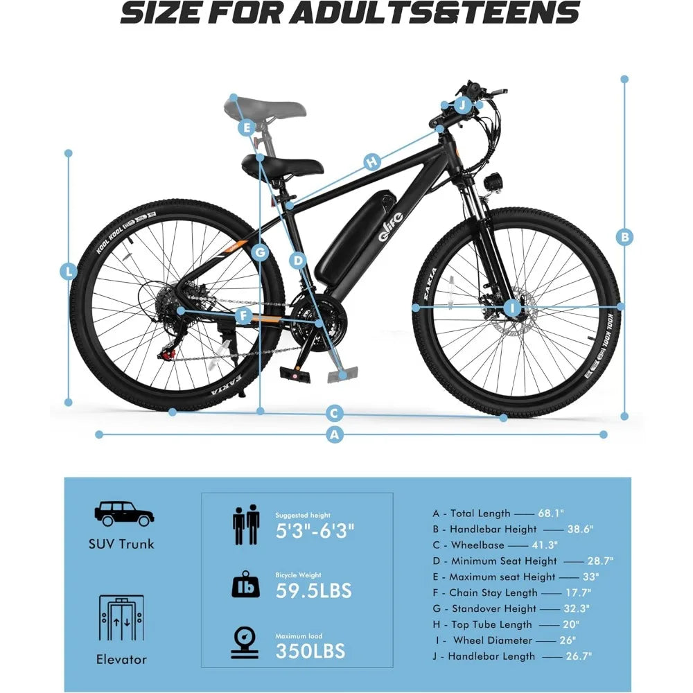 Speed Mountain Light Electric Bicycle, equipped with a peak 750W 22MPH brushless motor and a 375Wh detachable battery