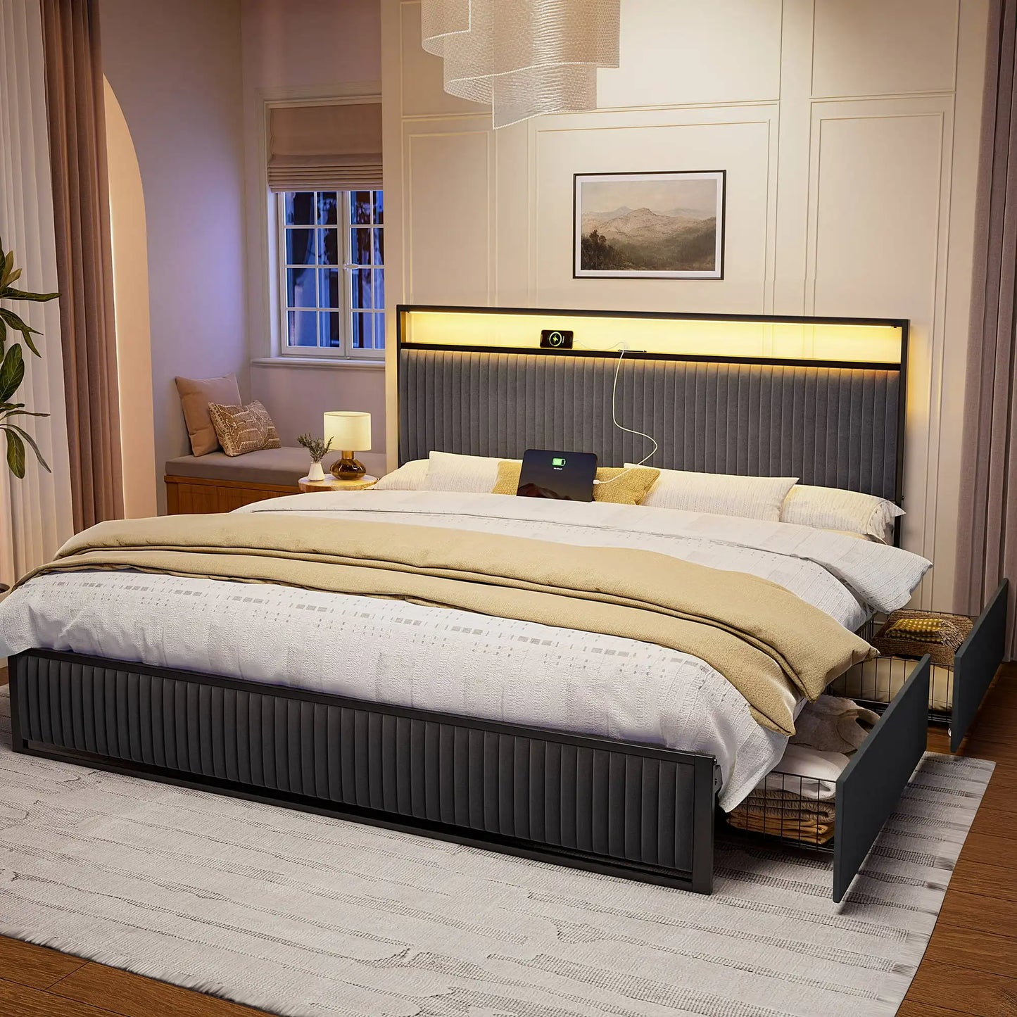 Bed Frame with Headboard, Platform Bed with 2 Drawers, Velvet Upholstered Bed Frame with LED Lights & Charging Station, Beds