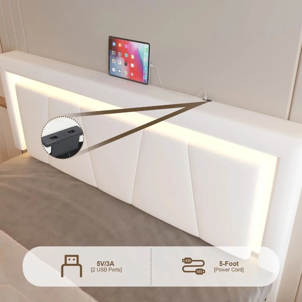 Leather Bed Frame Full, Upholstered Platform Bed with USB Ports, APP Control, White