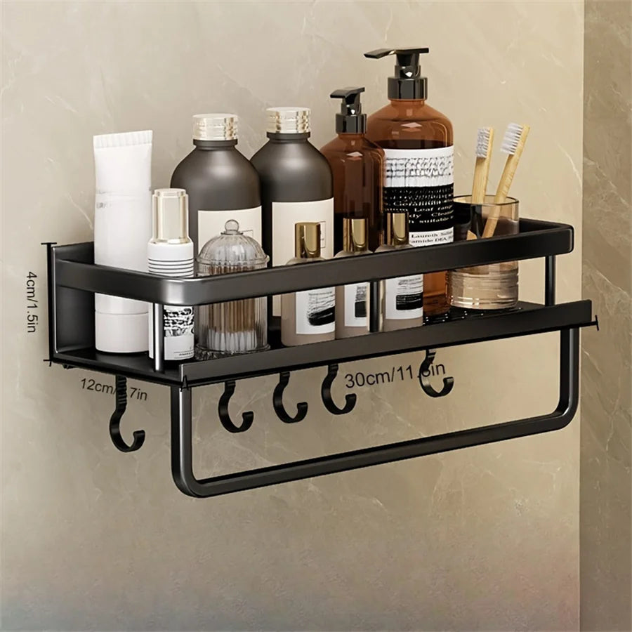 Aluminum Bathroom Supplies Storage Hook Shelf Multifunctional Wall Mounted Shelf Bathroom Towel Bar Bathroom Items Storage Rack