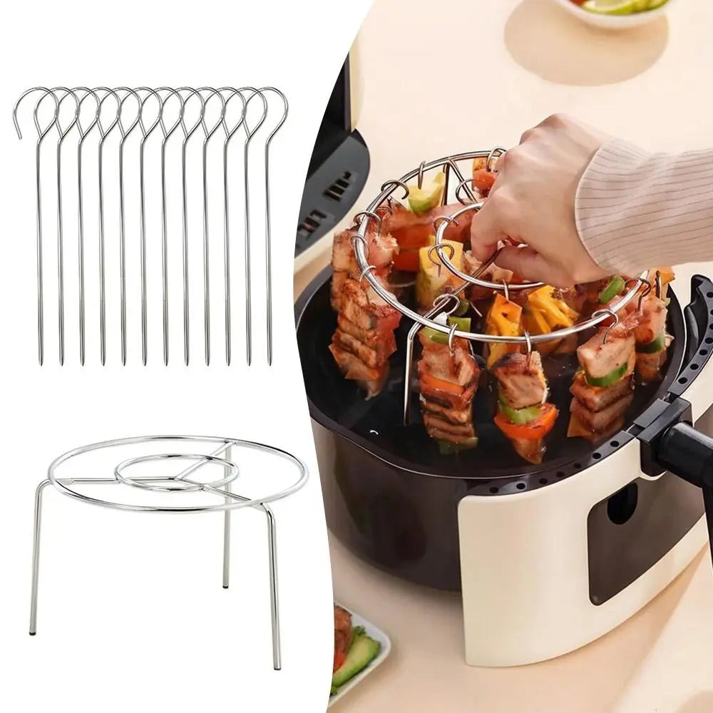 New Stainless Steel Air Fryer Grill Round with Grilled Skewers Hanging Skewers Rack Vertical Grill Rack for Home Kitchen Outdoor