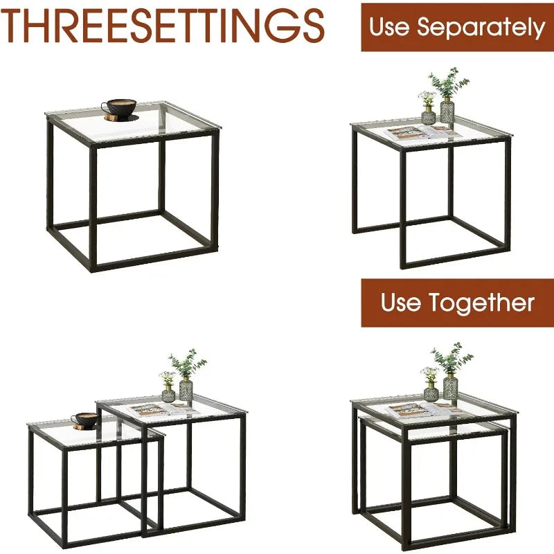 Coffee Table Set of 2, Modern Black Wooden Side Table, Metal Frame Square End Table, Center Tables,Nesting Coffee Table for