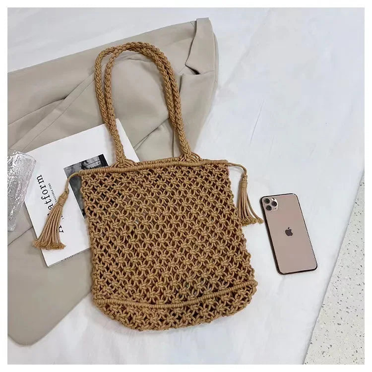Fashion Handmade Woven Bag Tassel Accessories Summer Woven Solid Color Shoulder Bag Large Tote Bag