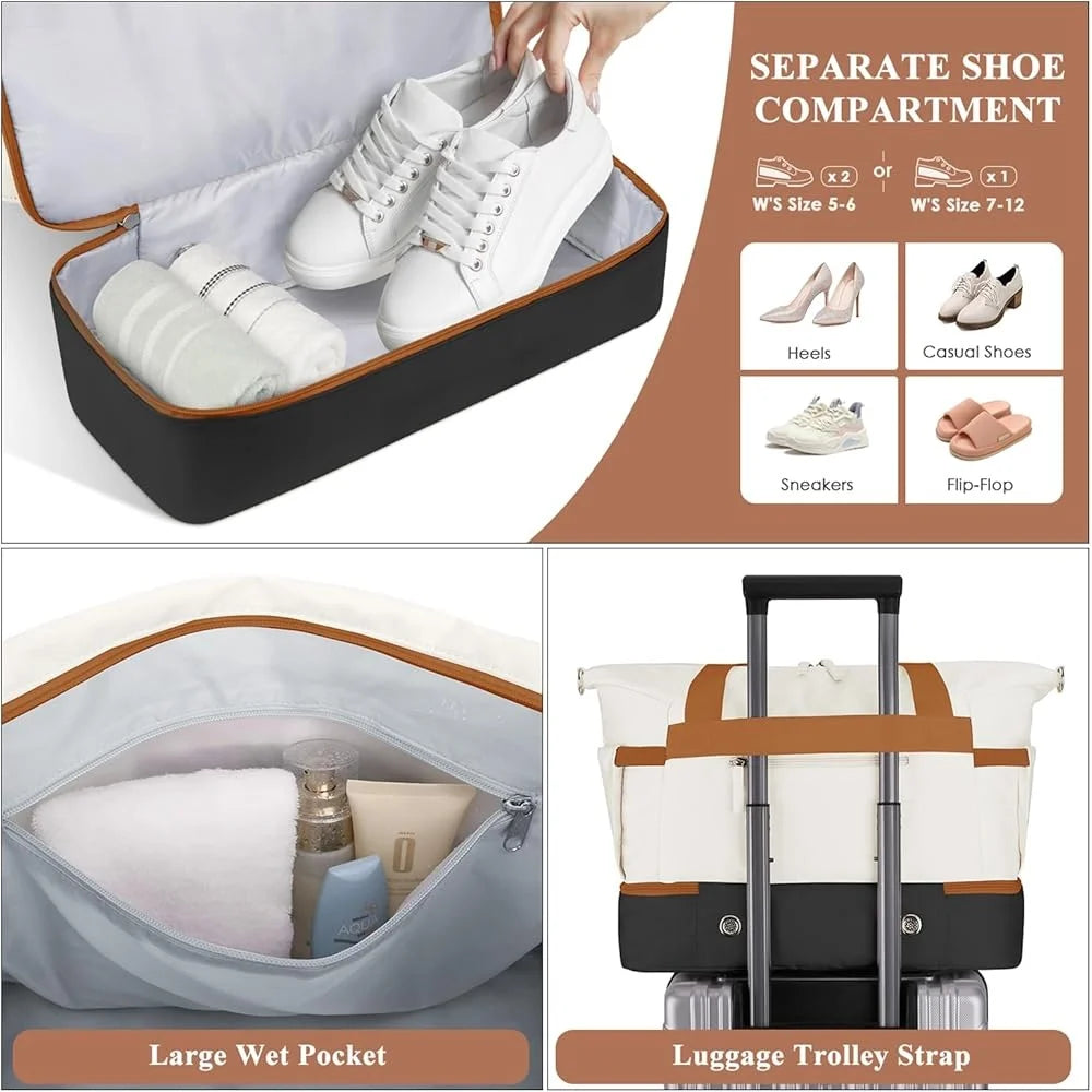 Women’s Gym Duffel Bag with Shoe Compartment USB Port Wet Pocket Travel Overnight Weekender Multi-functional Sports Bag
