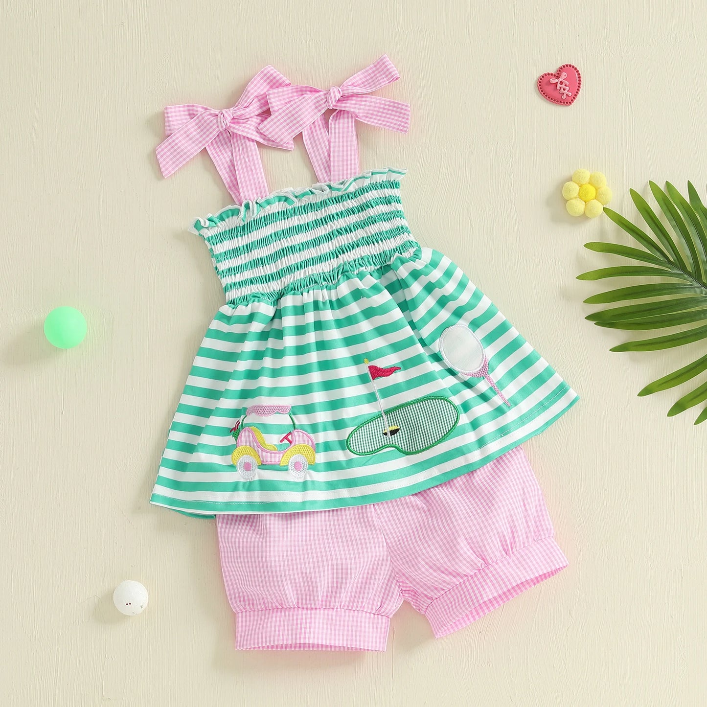Baby Girls Summer Outfits Golf Embroidery Striped Camisole and Elastic Plaid Shorts Set Fashion Cute Clothes