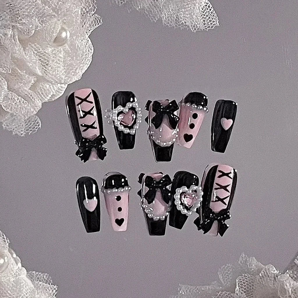 Sweet Cool Style Babes Lace Bow Nail Patch Handmade Fake Nails Stickers Wearing Nail Piece Finished Product Detachable