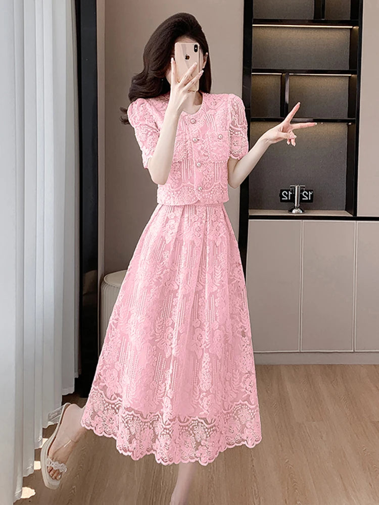 2024 Summer New Embroidery Lace 2 Piece Set Chic Women Beaded Flower Single Breasted Short Top + A Line Midi Skirt Suits High Qu