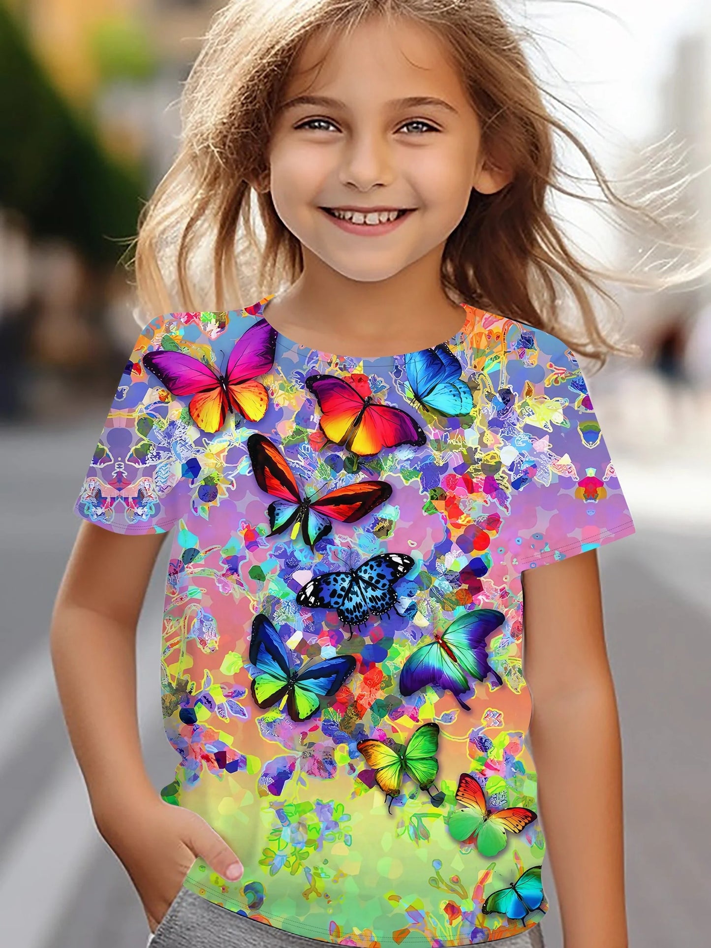 Children's Clothing Girl Clothes Short Sleeve Girl T-Shirt Prety Butterfly Print Kawaii Round Neck Girl Top Kids Summer Clothes