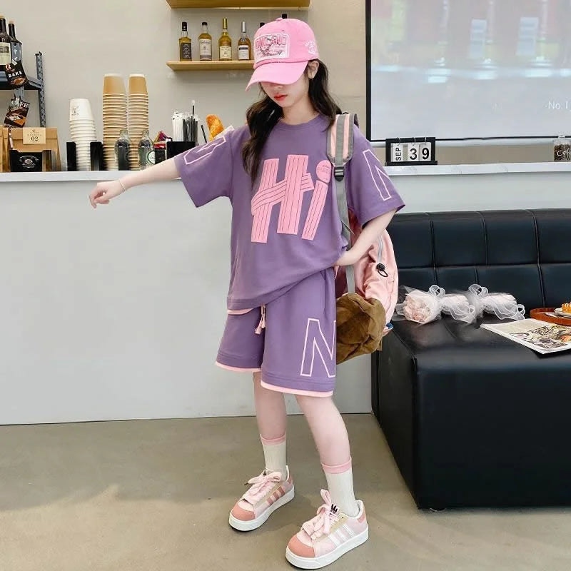 Girls T-Shirts Sets Summer New Kids Short Sleeve Tops+Shorts 2Pcs Children Clothes Teen Loose Casual Suits Letter Print Outfits
