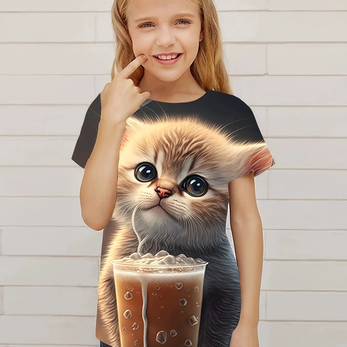 T-Shirt for Girls Cute Kitten Girls Clothes Kids T-Shirt Summer Short Sleeve Children Outdoor Sports Tops T-Shirt for Girls