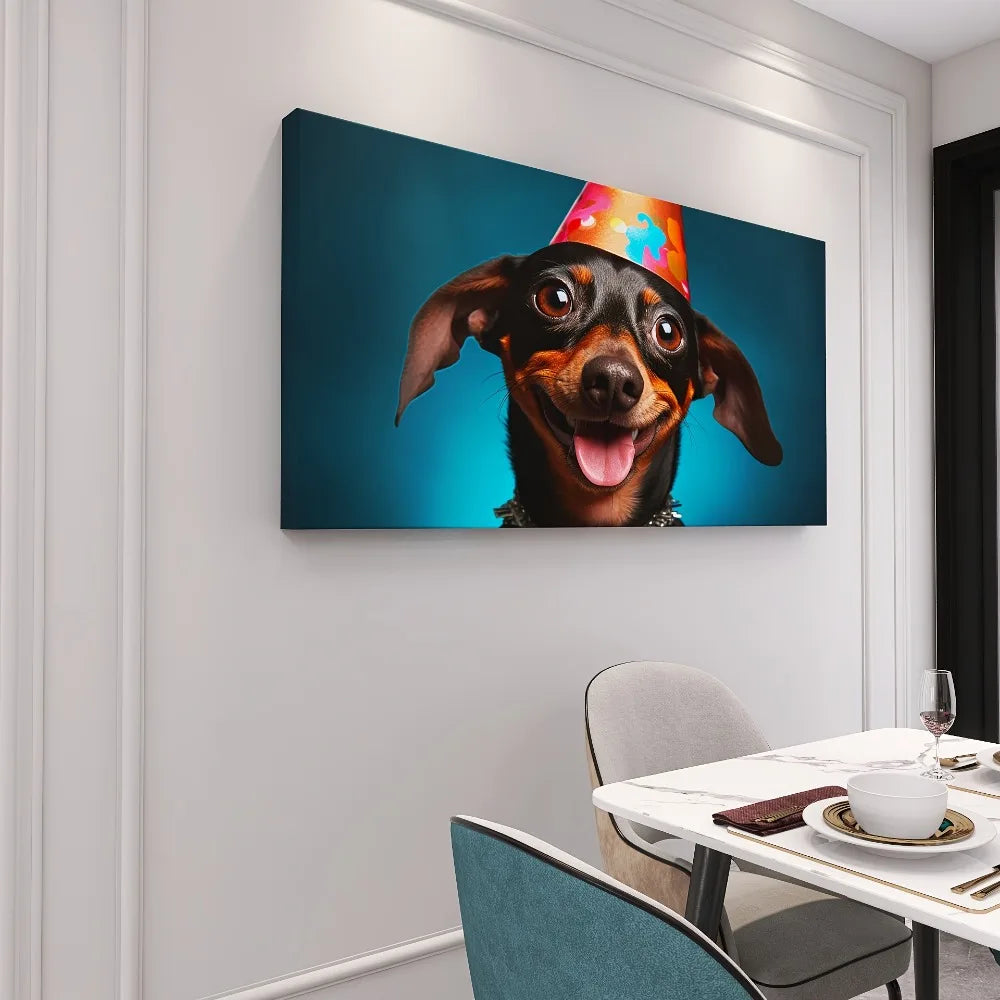Birthday Puppy canvas mural, suitable for bedroom, living room, home office, 1.5 inch thick pine solid wood frame
