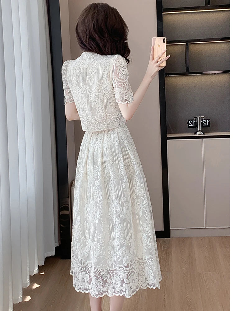 2024 Summer New Embroidery Lace 2 Piece Set Chic Women Beaded Flower Single Breasted Short Top + A Line Midi Skirt Suits High Qu