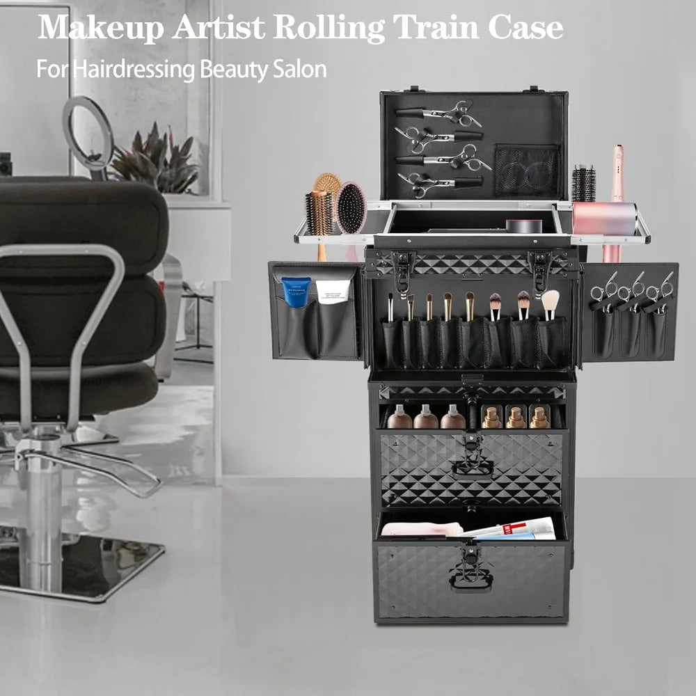 Rolling Lockable Makeup Train Case, Rolling Makeup Case | Large Trolley Storage Case Lockable | Trolley Professional Cosmetic