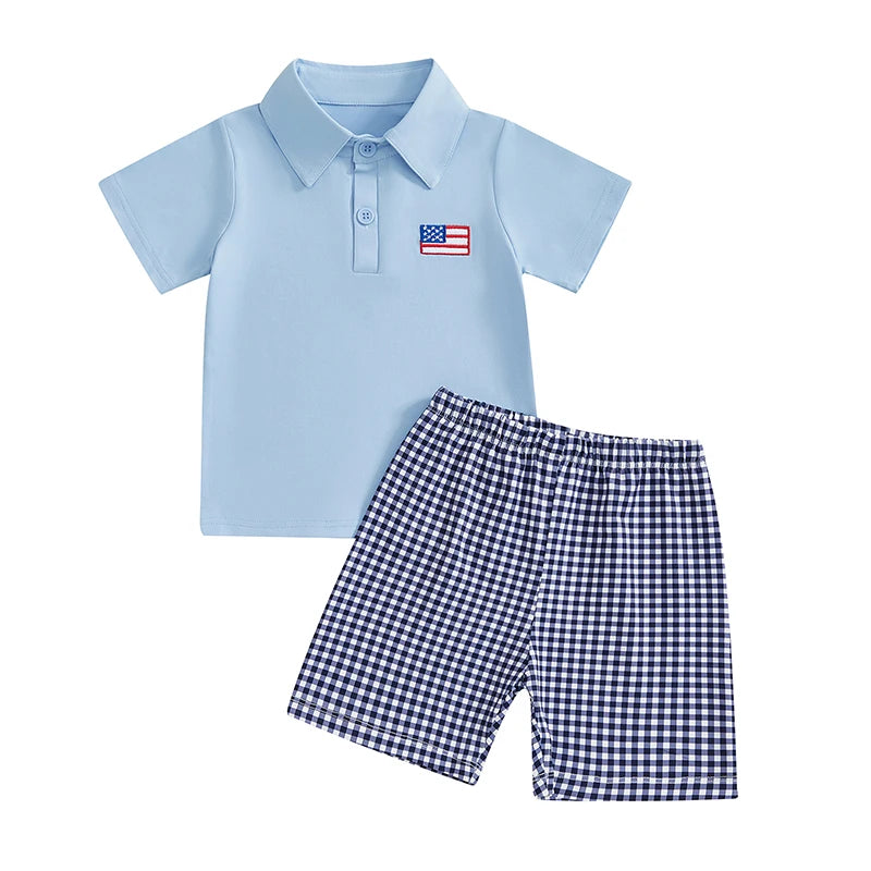 Toddler Boy Independence Day Clothing Set Short Sleeve Lapel Shirt Plaid Shorts Outfit 4th of July Baby Clothes