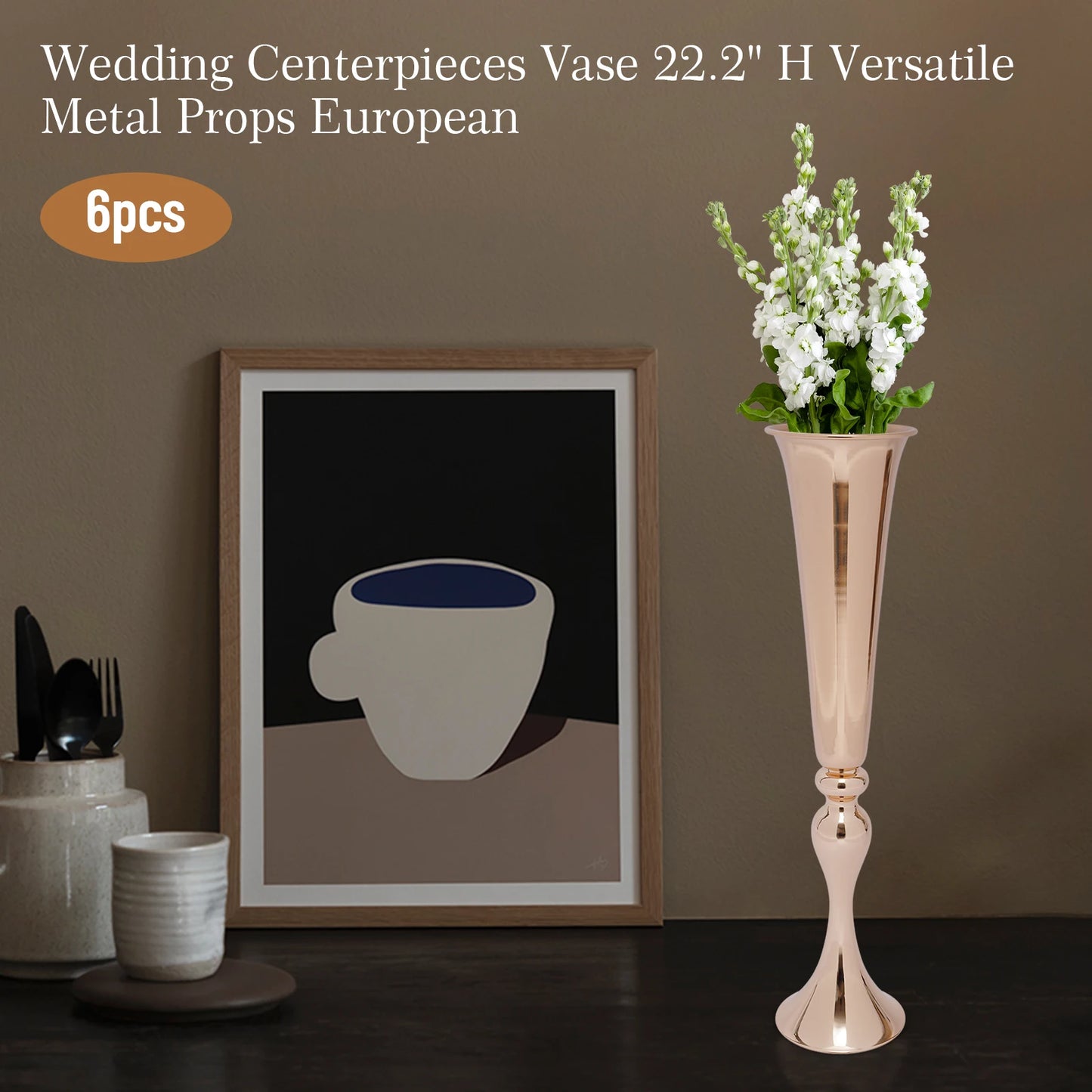 Golden Metal Table Flower Stand Vase 6Pcs Candle Holder 22.2" Tall Wedding Centerpiece Party Event Hotel Decoration