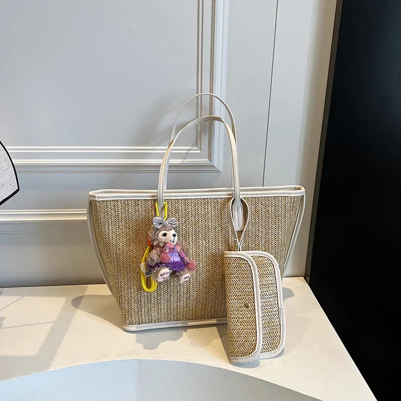 Color Contrast Straw Woven Shoulder Bag with Matching Wallet,Women Beach Travel Vacation Tote Bag,Large Capacity Shopping Basket