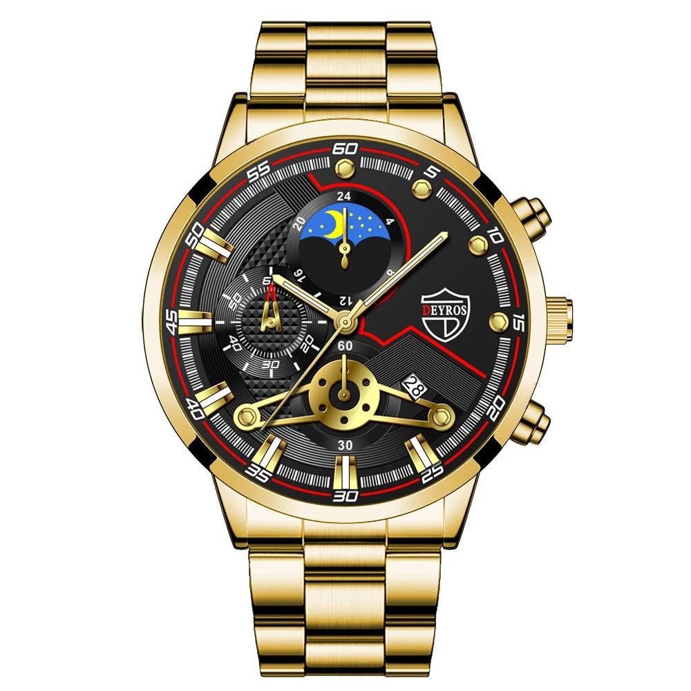 Reloj Hombre Men's Luxury 3-Piece Business Watches Mens Full Calendar Leisure Sports Watch Men Stainless Steel Quartz WishWatch