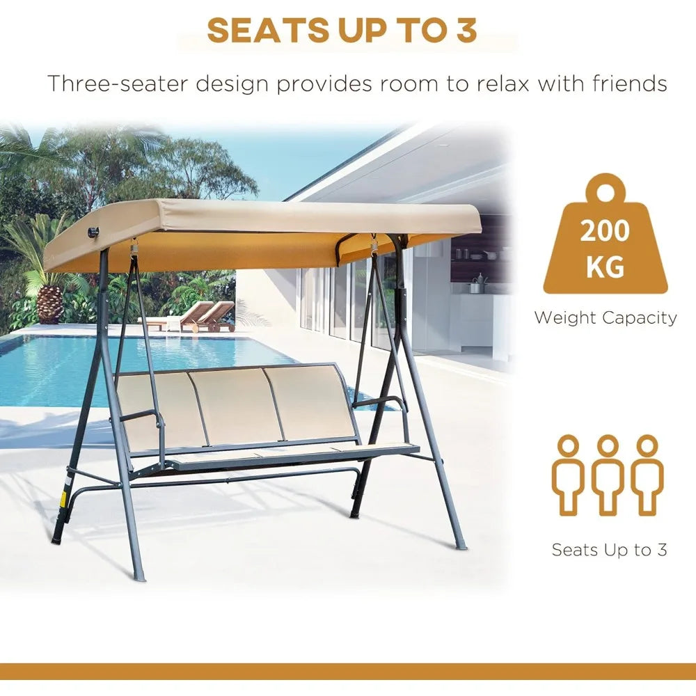 Garden Swing Chair, 3 Seater with Canopy, Breathable Mesh Seat and Heavy Duty Steel Frame, Patio Swing Bench